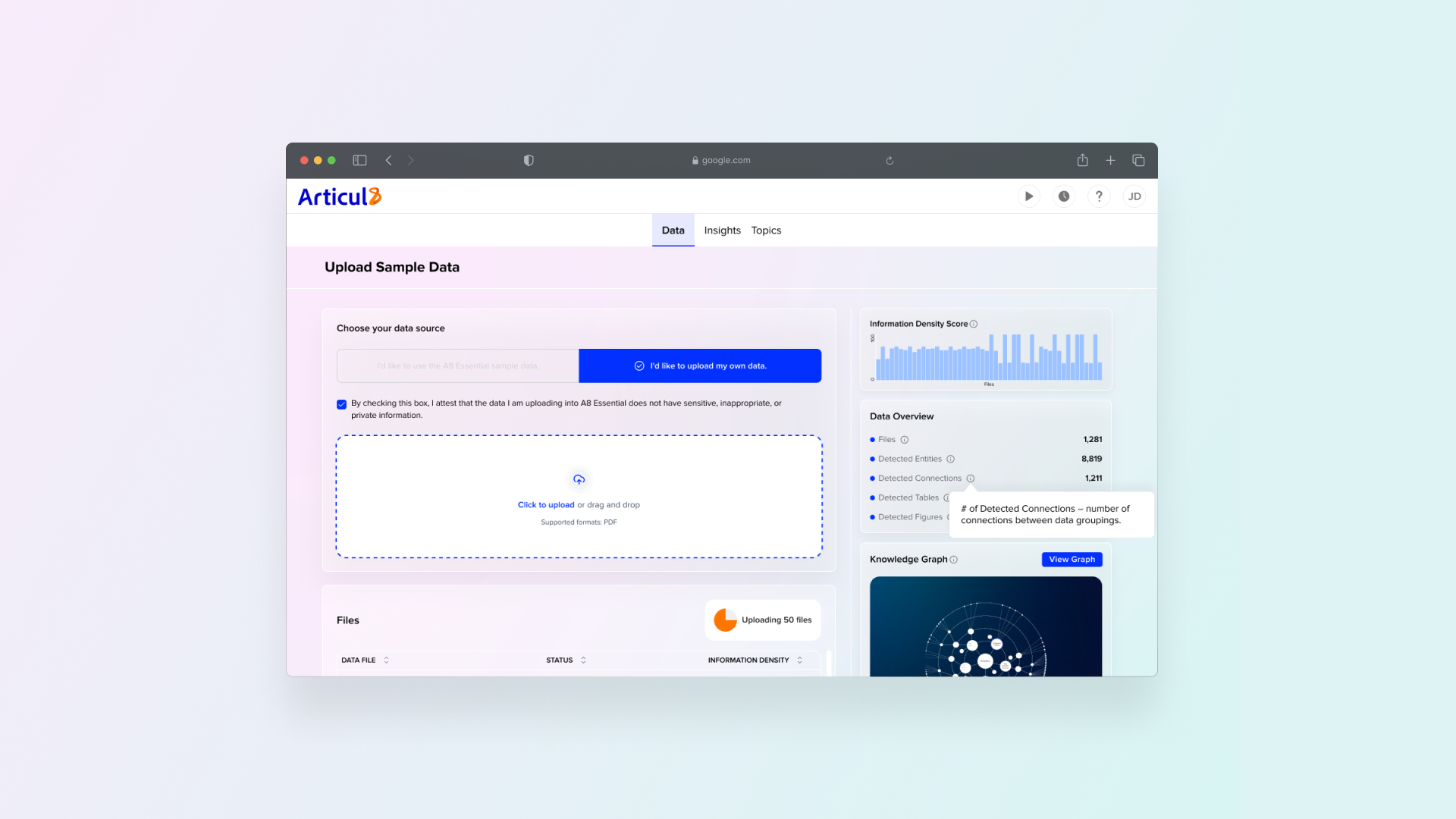 A8 Essential dashboard — data upload and insight interface